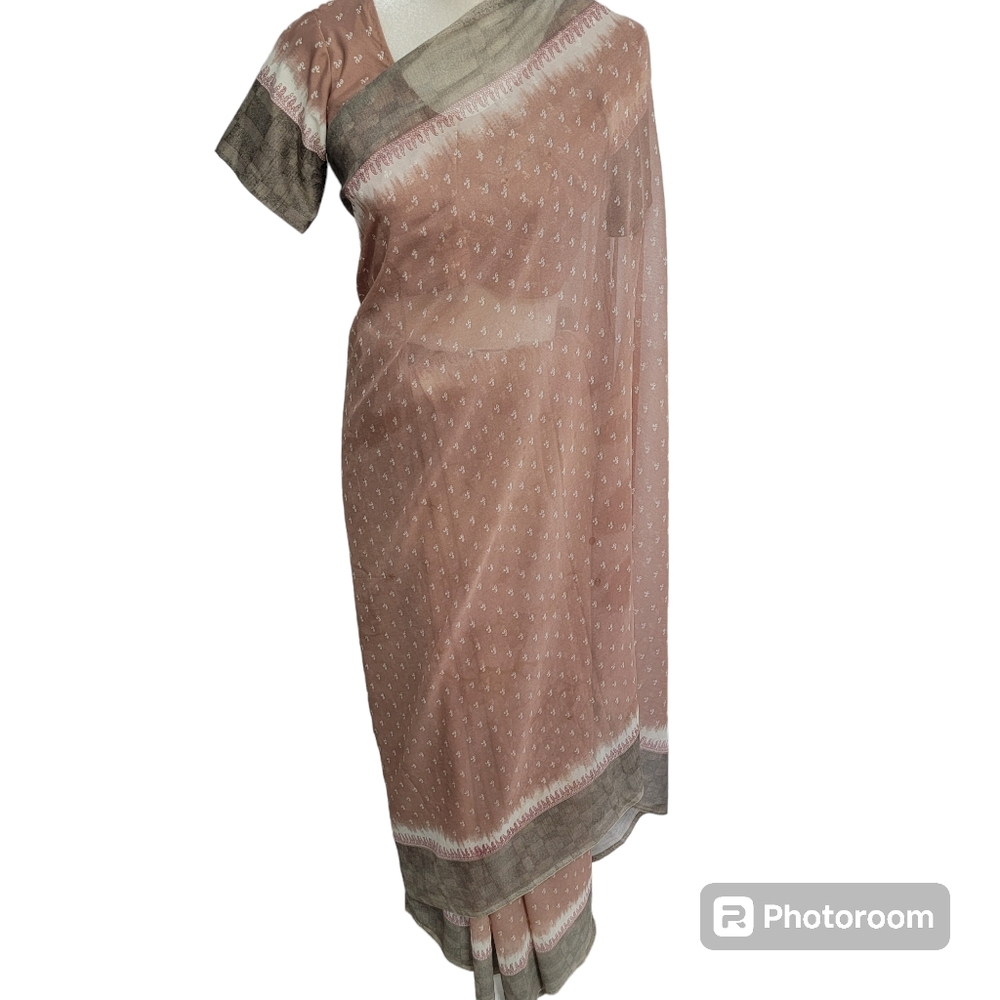 Beige, brown, pink,  gray/grey, white polyester saree/sari for party